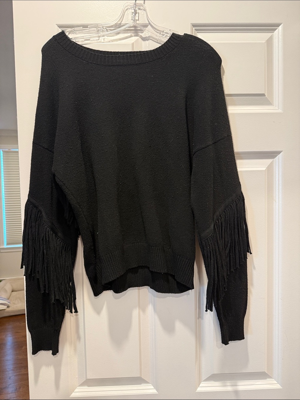 Chelsea & Theodore Black Fringe-Sleeve Scoop Neck Sweater